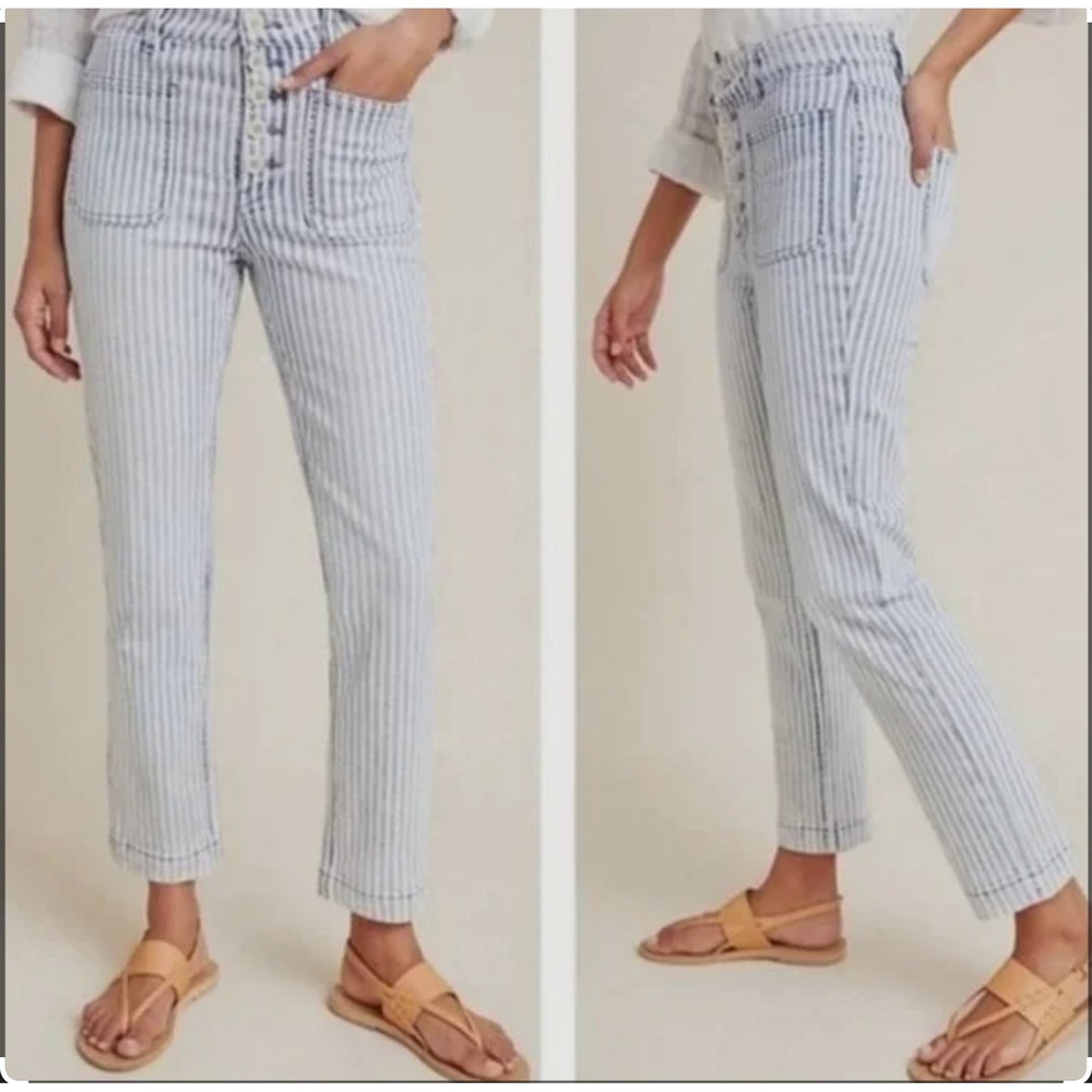 Pilcro Anthropologie Railroad Stripe Utility Jeans Button Fly Blue White 28